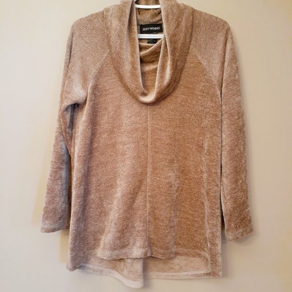 Sz S-M VELVET SOFT Blanket cozy SOFT WORKS Tan Cowl Neck Sweater - Picture 3 of 7